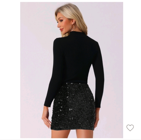 Sequin High Waist Stretchy Velvet Sparkle Party Bodycon Mini Skirt Black Large - Picture 3 of 5